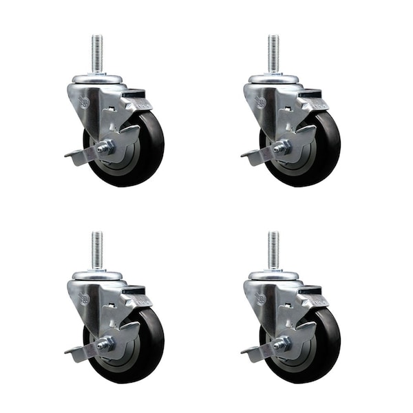 Service Caster 35 Inch Black Polyurethane Wheel Swivel 34 Inch Threaded Stem Caster Set with Brake SCC SCC-TS20S3514-PPUB-BLK-TLB-34212-4 - main